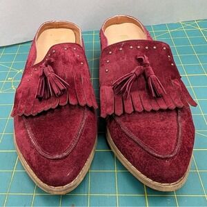 Mi.iM Women 9 Genuine Leather Insole Sling Fringe Burgandy Shoes Man Made Upper